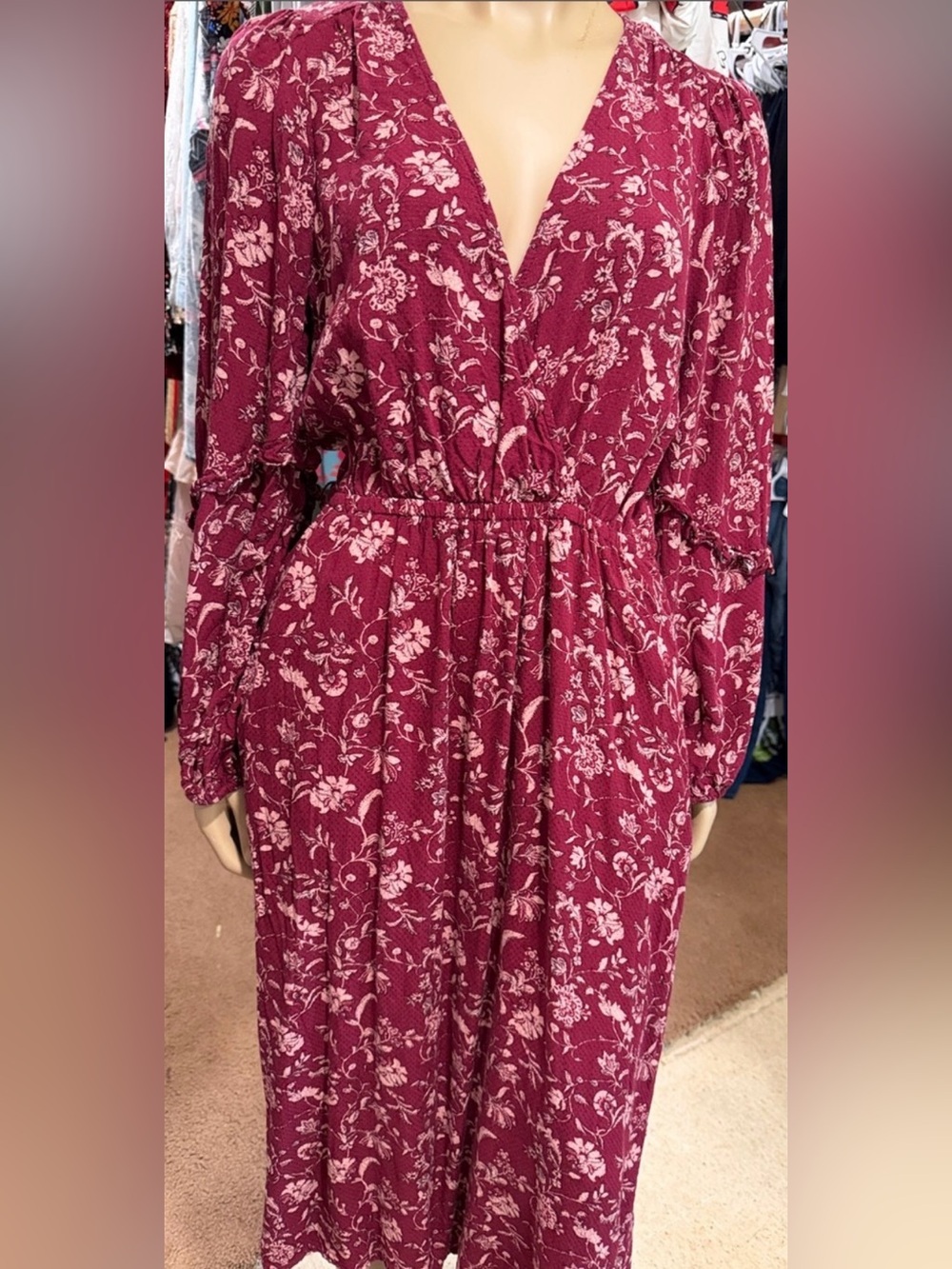 Knox Rose Wine Floral V-Neck Long Sleeve Midi Dress